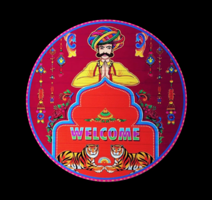 Simtis Reisen Illustration mit Hindu mit Turban, zwei Tigern, vielen Verzierungen und mit Aufschrift "Welcome".