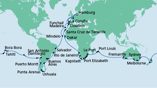 Aida Kreuzfahrt Weltreise. Die Abbildung einer Karte veranschaulicht die Strecke der Weltreise, die die Kontinente Europa, Afrika, Südamerika und Australien umfasst