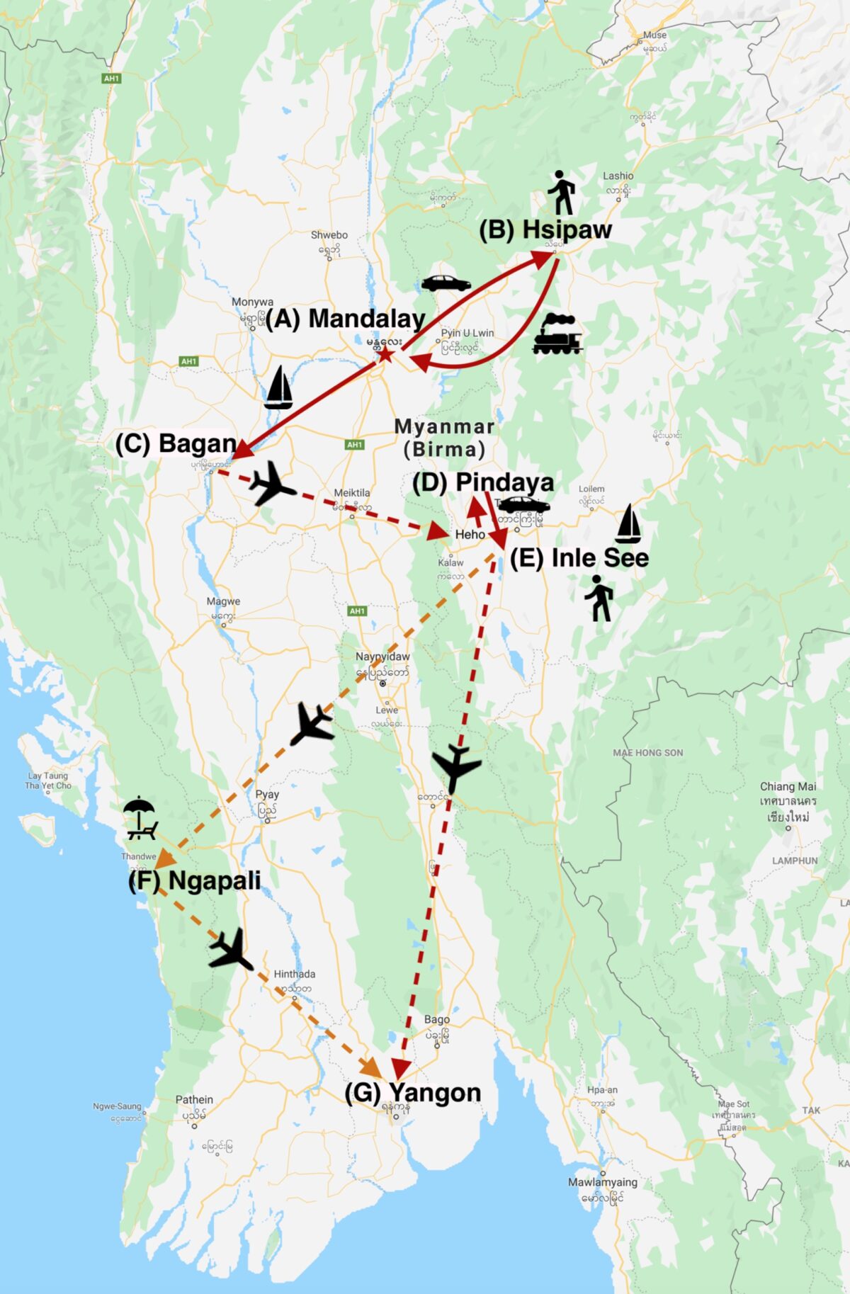 Reise in Myanmar in Asien. Auf einer Karte ist schematisch die Route der Kleingruppenreise dargestellt. Die Route deckt Mandalay, Hsipaw, Bagan, Pindaya, Inle See, Ngapali und Yangon ab.
