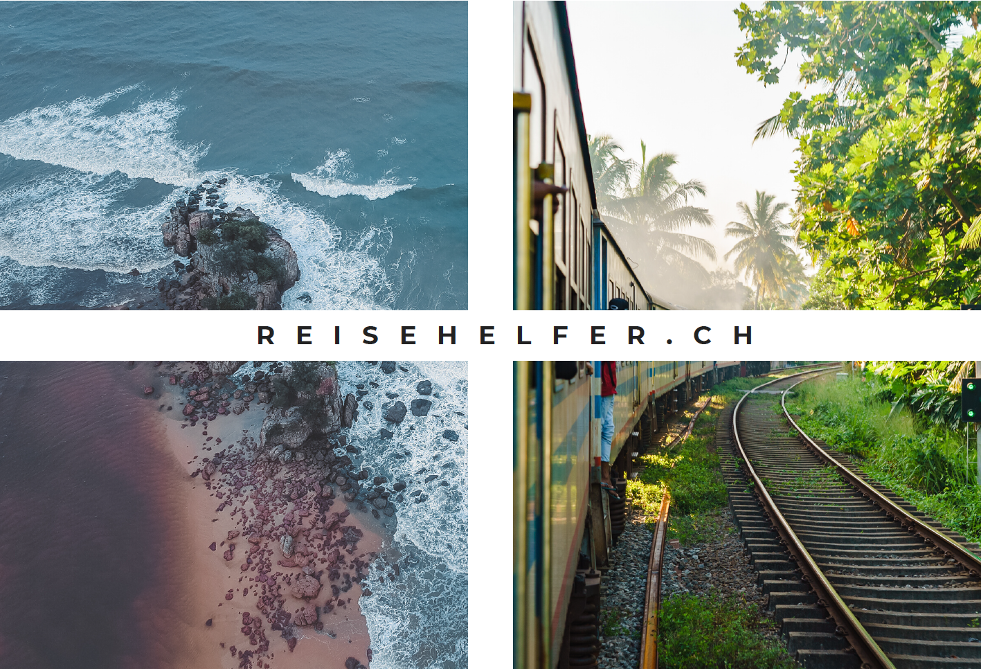 Reisehelfer Titelbild mit zwei einzelnen Bildern. Das eine Foto zeigt Reisebilder von brechenden Wellen an einem tropischen Strand. Auf dem anderen Bild ist ein Zug in Sri Lanka zu sehen, der durch grüne Landschaften fährt. Die Fenster sind offen.