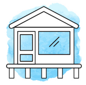 Illustration von einem kleinen Haus auf Stelzen vor hellblauem Hintergrund