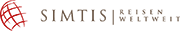 Neues Logo von Simtis - Reisen Weltweit in dunkelbrauner Schrift. Die Illustrierte Weltkugel symbolisiert Individuelle Reiseerlebnisse auf der ganzen Welt.