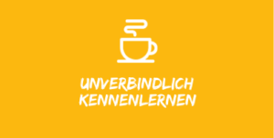Illustration mit weisser Kaffeetasse auf gelbem Hintergrund mit Text "unverbindlich kennenlernen".