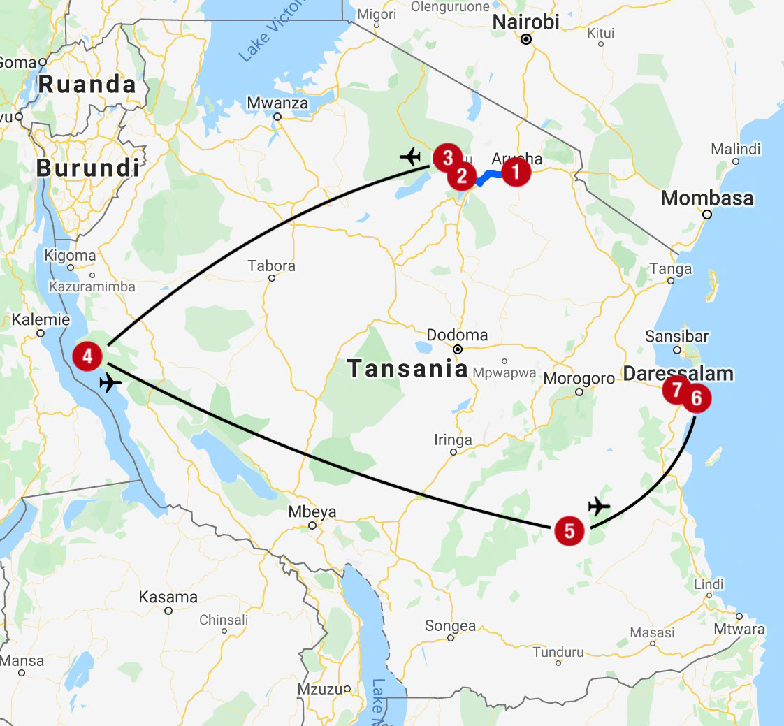 Karte mit Reiseroute in Tansania und Sansibar