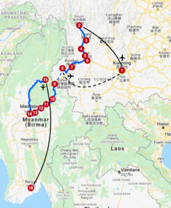 Karte mit Reiseroute in Yunnan und Myanmar