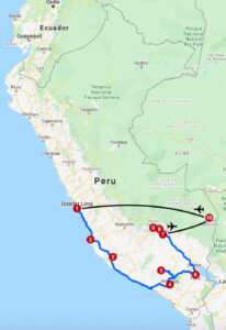 Karte mit Reiseroute in Peru