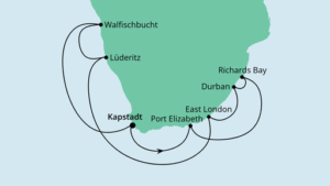 Aida Kreuzfahrt Südafrika und Namibia. Die Abbildung einer Karte veranschaulicht die Strecke der Reise, die die Route Kapstadt, East London, Durban, Port Elizabeth und die Strecke Kapstadt, Lüderitz, Walvis Bay, Kapstadt umfasst.