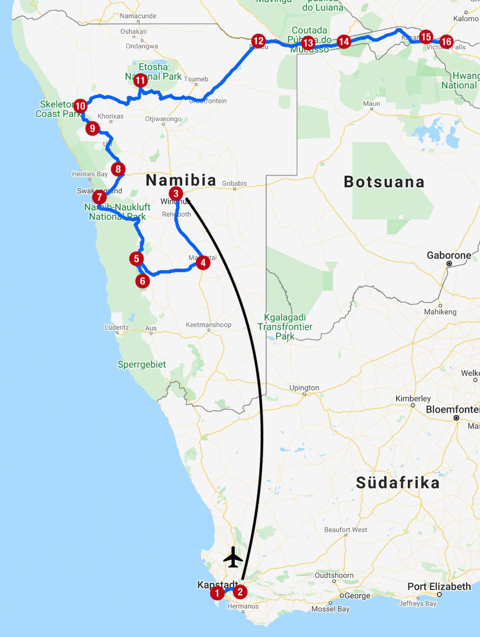 Karte mit Reiseroute in Südafrika, Namibia und Botswana