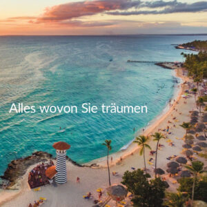 Bild von Strand mit Palmen und Leuchtturm und Text Kurztrips