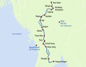 Karte mit Reiseroute Flusskreuzfahrt Myanmar