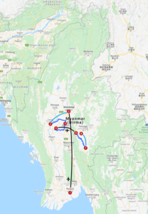 Karte mit Reiseroute in Myanmar