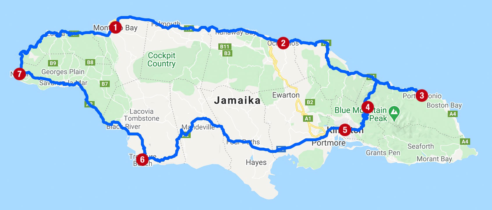 Karte mit Reiseroute auf Jamaika